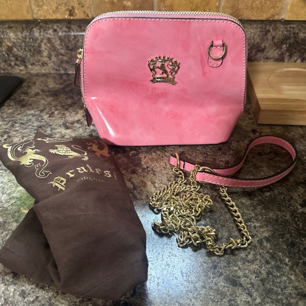 Pratesi Firenze Pink Leather Crossbody Made In Italy Gold Crest Small Handbag